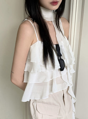 Allu Scarf Set Chiffon Can Can Frill Sleeveless Blouse